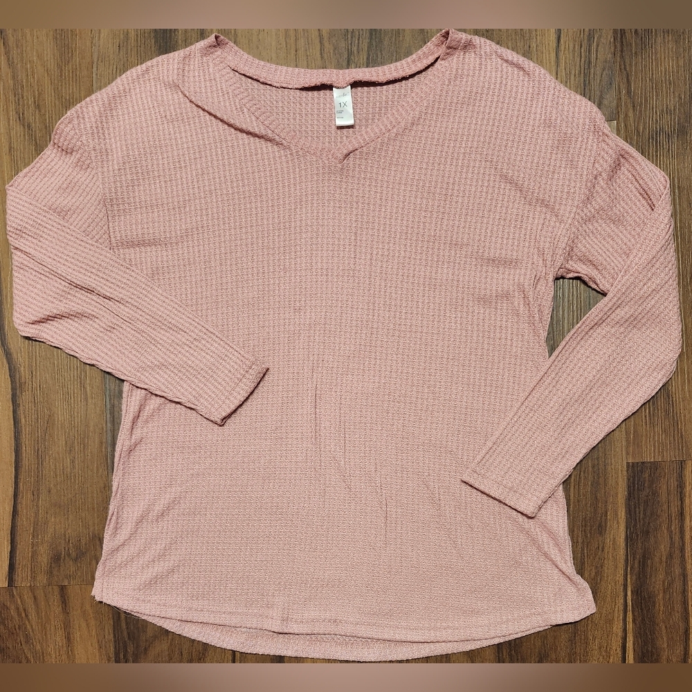 NWOT Womens Sz 1X Just Be Waffle Knit Long Sleeve V-Neck Top in Foxglove Pink